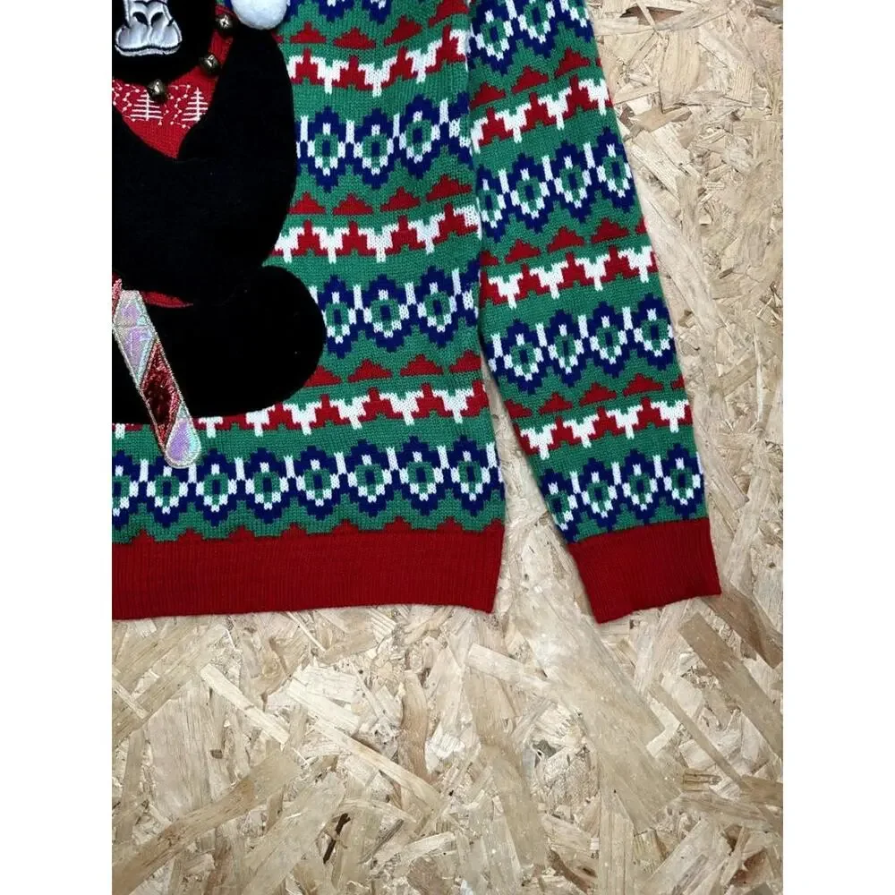 Holiday Time Ugly Christmas Sweater Mens Large Gorilla Santa Hat Candy Cane Knit